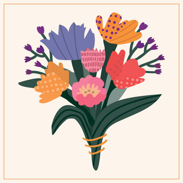 An illustration with bouquets of stylized flowers. Garden. Spring. The texture, Line. Dark green, pink, violet, orange, gray. For postcards, magazines, websites, invitations.