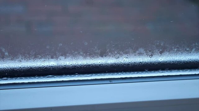 Close up of condensation on the window in a house, water drops and hight humidity 