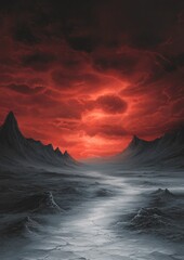 A desolate landscape with a red sky and a long, narrow path