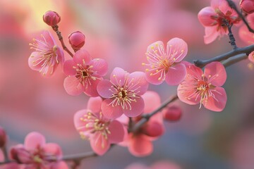 Obraz premium Blooming pink flowers in a vibrant garden during golden hour