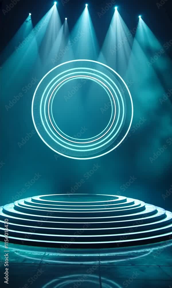 Poster modern stage design with illuminated circular light patterns and blue backdrop for captivating perfo