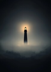 A lighthouse is lit up in the fog