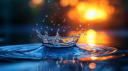 Water droplet creates splash in calm lake during sunset, reflecting warm colors and sparkling droplets
