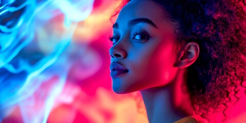 A captivating portrait of a young woman against a vibrant backdrop. The colors blend beautifully, showcasing a modern artistic style. Perfect for creativity and inspiration. AI