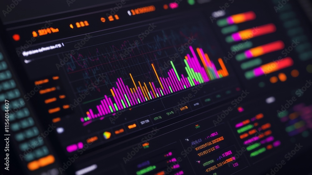 Poster a vibrant digital chart displaying fluctuating data trends with colorful bars and lines against a da