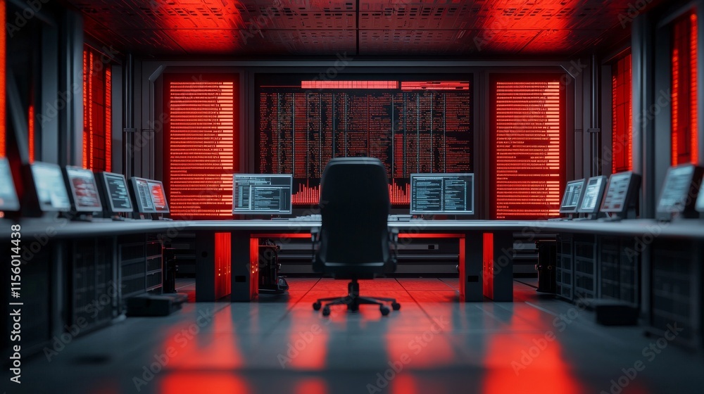 Poster a dimly lit control room with multiple monitors, bathed in red light, creating a high-tech, futurist