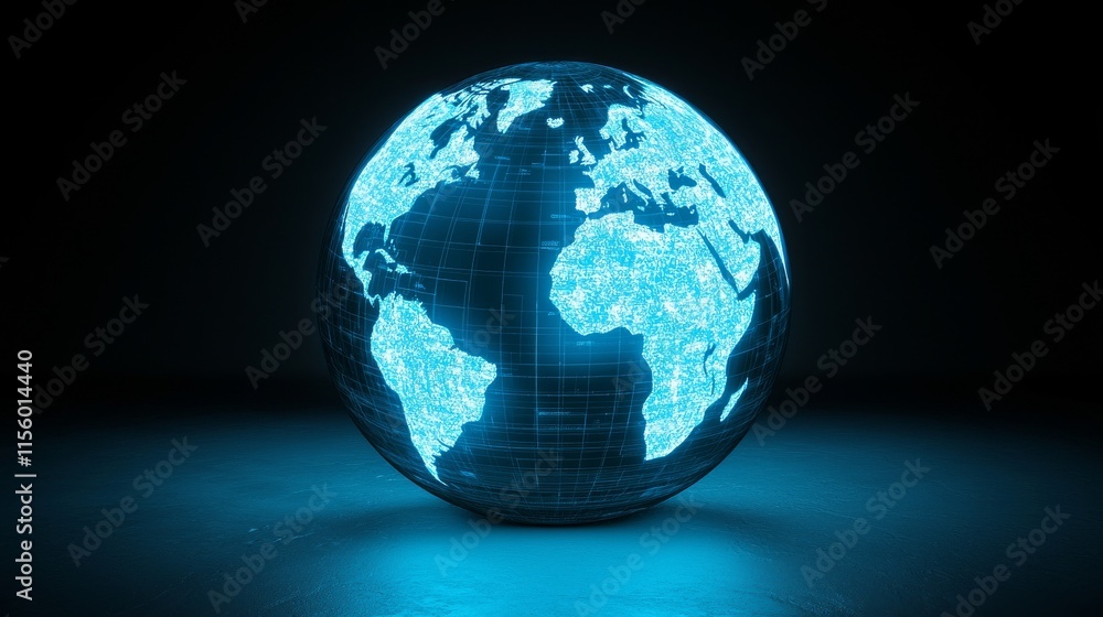 Poster a glowing digital globe showcasing a stylized representation of earth with a grid pattern and blue l