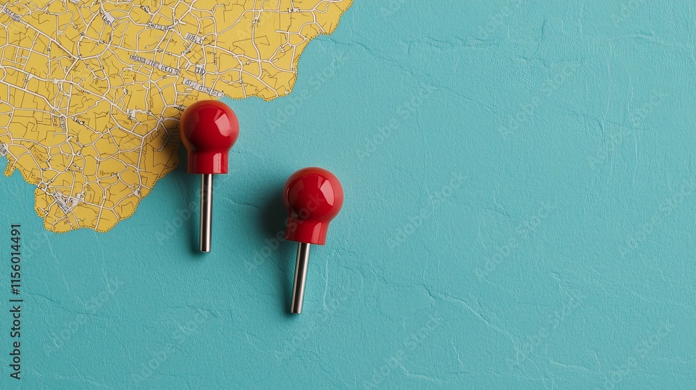 Poster two red pushpins placed on a textured turquoise surface with a touch of yellow, creating a vibrant a