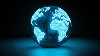 Fototapeta premium A glowing digital globe showcasing a stylized representation of Earth with a grid pattern and blue lights against a dark background.