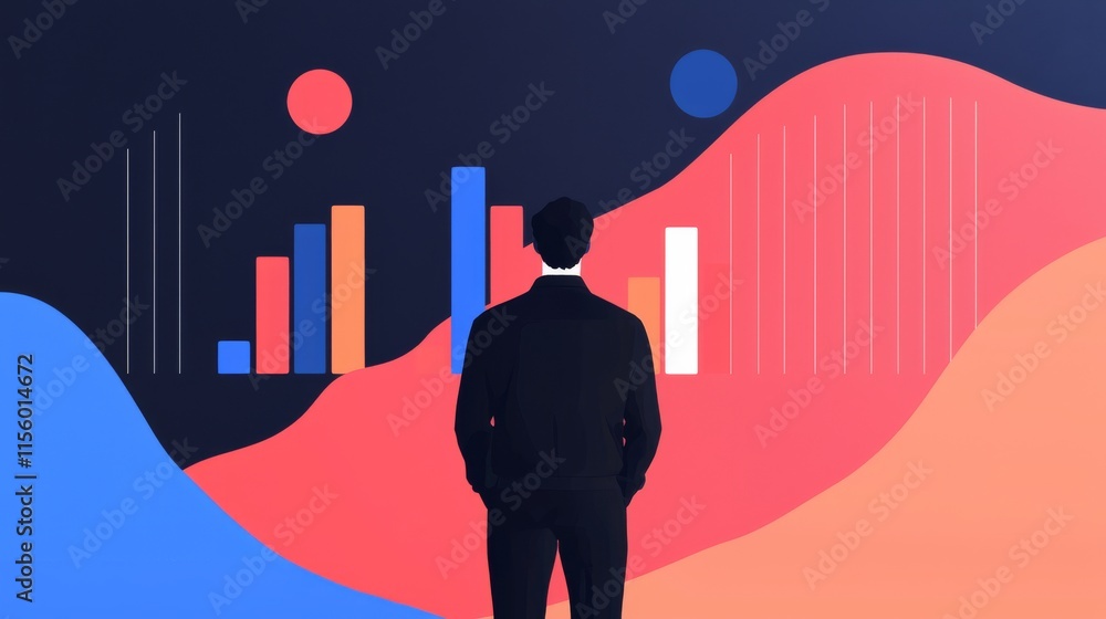 Poster a businessman analyzes data trends represented by colorful graphs and bars against an abstract backg