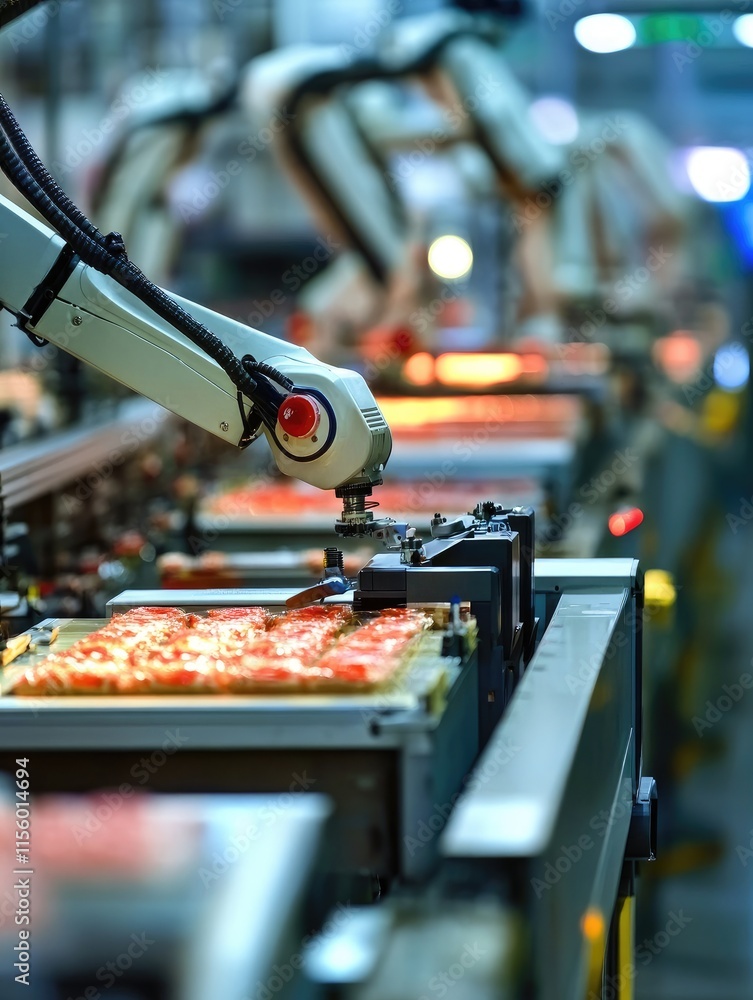 Aufkleber automated robotic arms assembling food products in a factory setting.