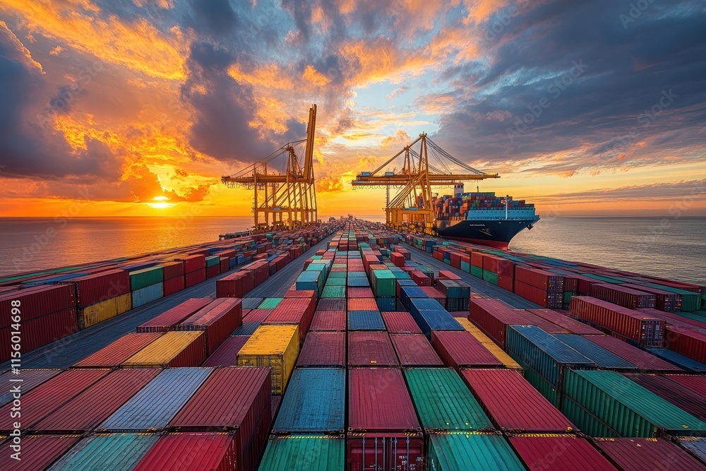 Poster cranes loading colorful containers at a busy terminal during a vibrant sunset