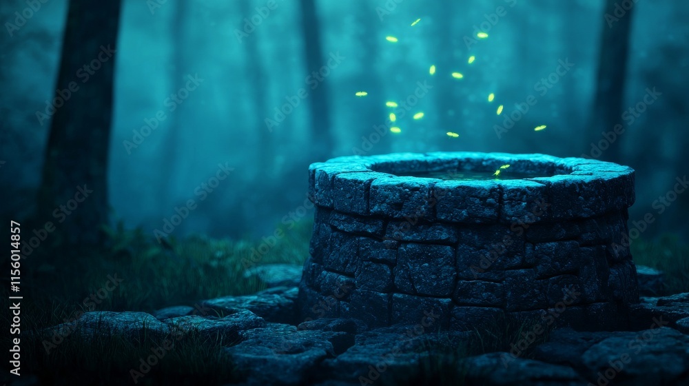Aufkleber a mystical well in a dark forest, surrounded by glowing particles, creating an enchanting and serene