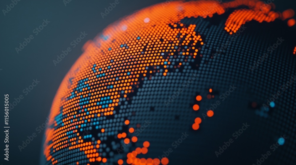 Poster a close-up view of a stylized globe, featuring a vibrant orange and blue color scheme, representing 