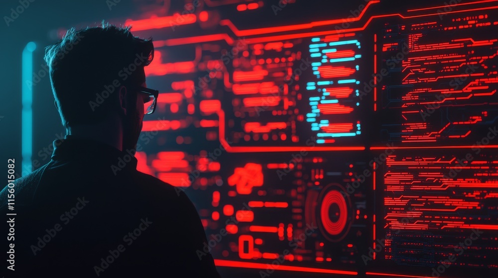 Aufkleber a person analyzing data on a high-tech display, surrounded by vibrant red and blue graphics, suggest