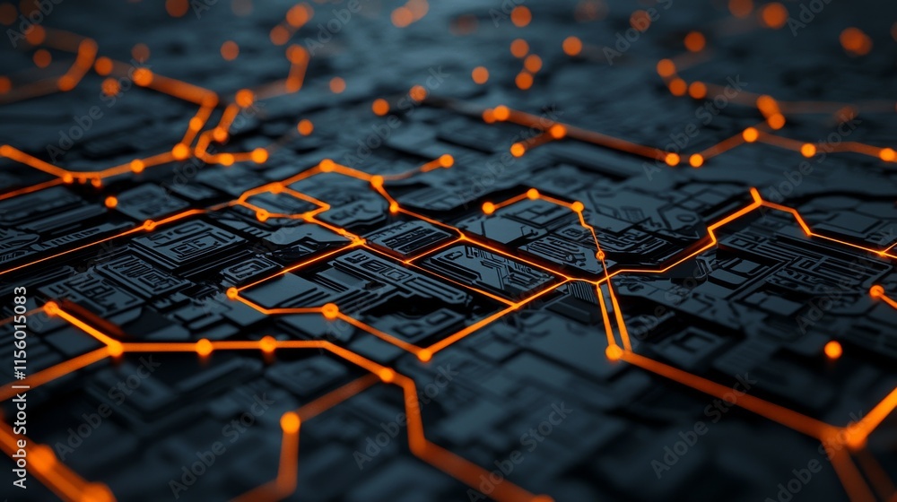 Poster a digital network grid with glowing orange lines on a dark background, representing technology and c