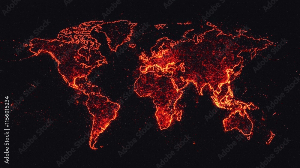 Poster a fiery representation of the world map, highlighting geographical boundaries in vibrant red against