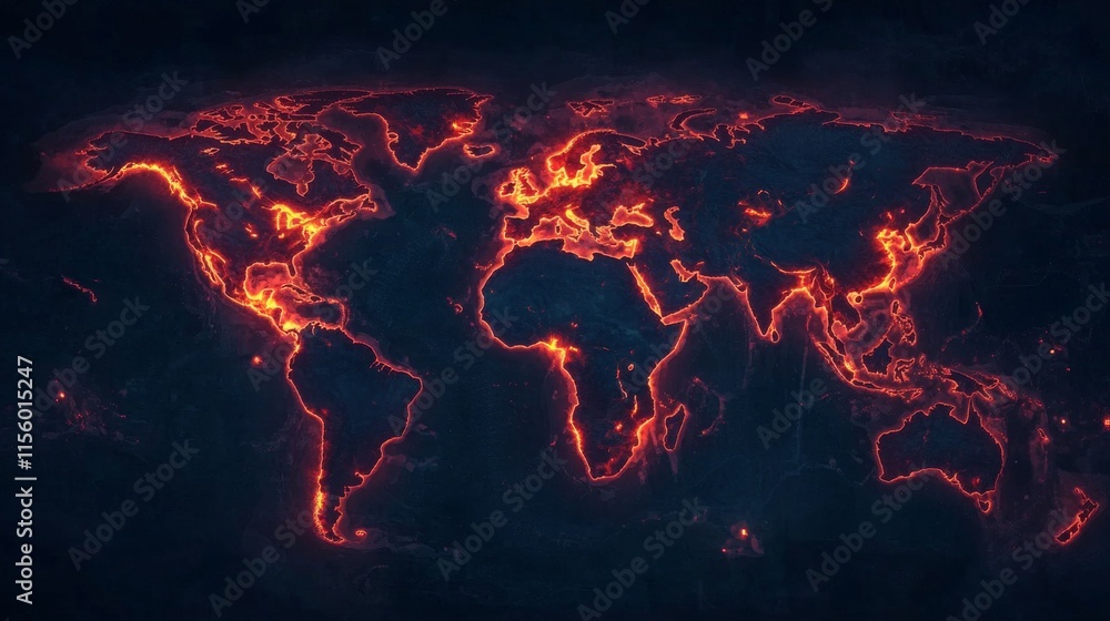 Poster a fiery representation of the world map, showcasing continents illuminated by flowing lava-like line