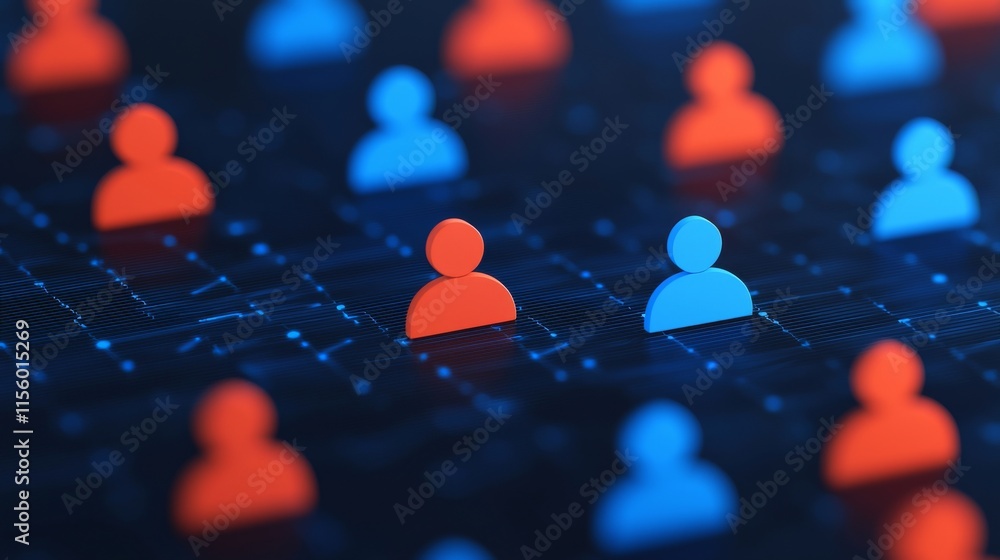 Poster the image features a digital representation of people with blue and red icons on a dark background, 