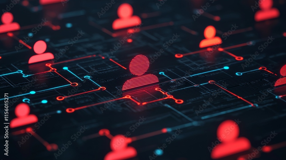 Poster a digital network illustration featuring red user icons on a dark background, symbolizing connectivi