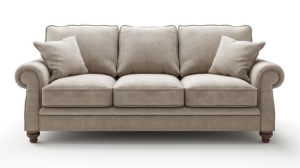 Beige Sofa with Rolled Arms and Throw Pillows