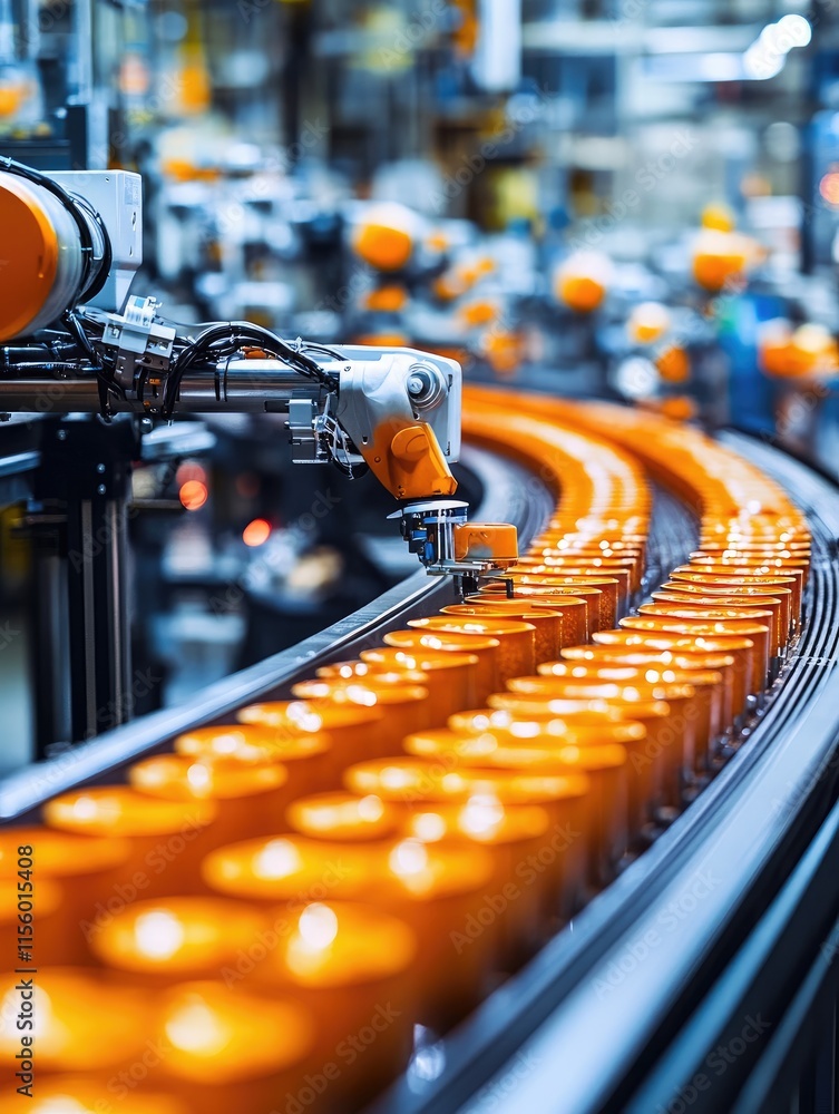 Poster a robotic arm operates on a conveyor belt filled with orange containers in a factory setting.
