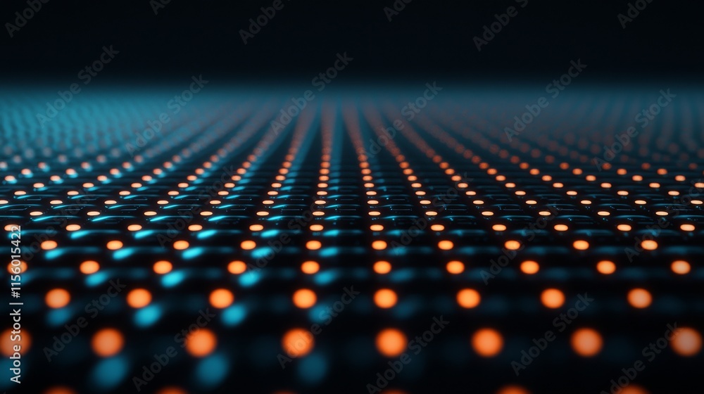 Poster a vibrant, abstract pattern of illuminated dots creating a digital landscape, showcasing a blend of 
