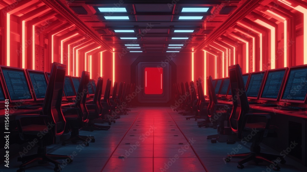 Poster a futuristic room filled with computers, illuminated by red and blue lights, creating a high-tech an