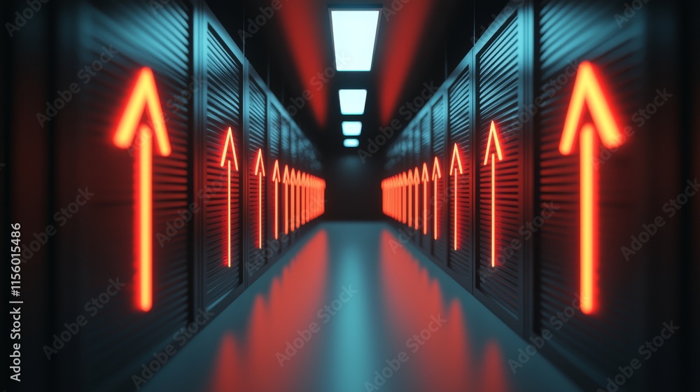 Poster a dimly lit corridor lined with server racks, featuring glowing red arrows pointing upwards, creatin