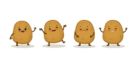 set of cute cartoon potato characters with emotions. Cute potatoes in different poses isolated on white background. Vector illustration.