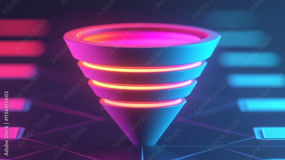 Poster a colorful, futuristic 3d cone shape emits vibrant light, set against a dark background with geometr