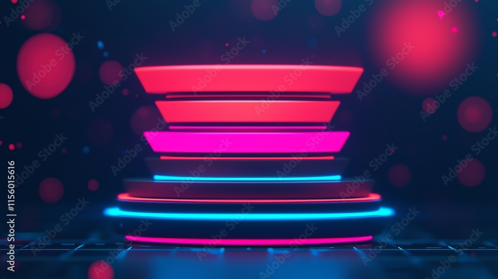 Poster a vibrant, futuristic display featuring layered circular platforms illuminated with neon colors agai