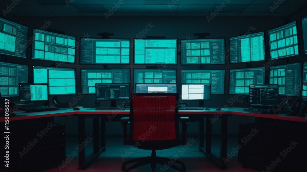 Aufkleber a high-tech control room featuring multiple screens displaying data, with a single chair and a moody