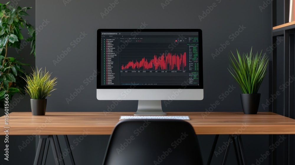 Poster a modern workspace featuring a computer displaying a graph, positioned on a wooden desk with green p