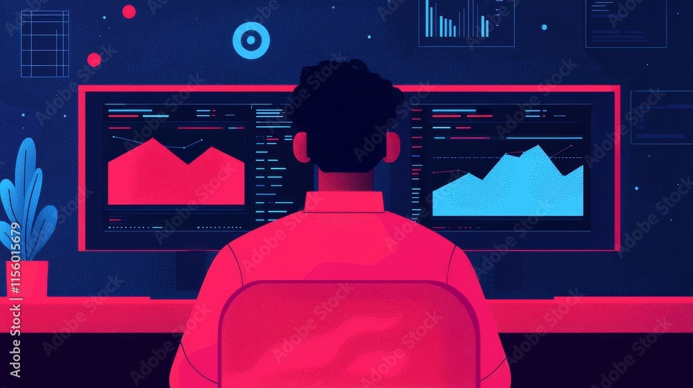 Poster a person analyzes data displayed on dual monitors, showcasing colorful graphs against a dark backgro