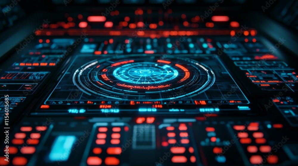 Poster a futuristic control panel featuring glowing blue and red elements, showcasing intricate digital des