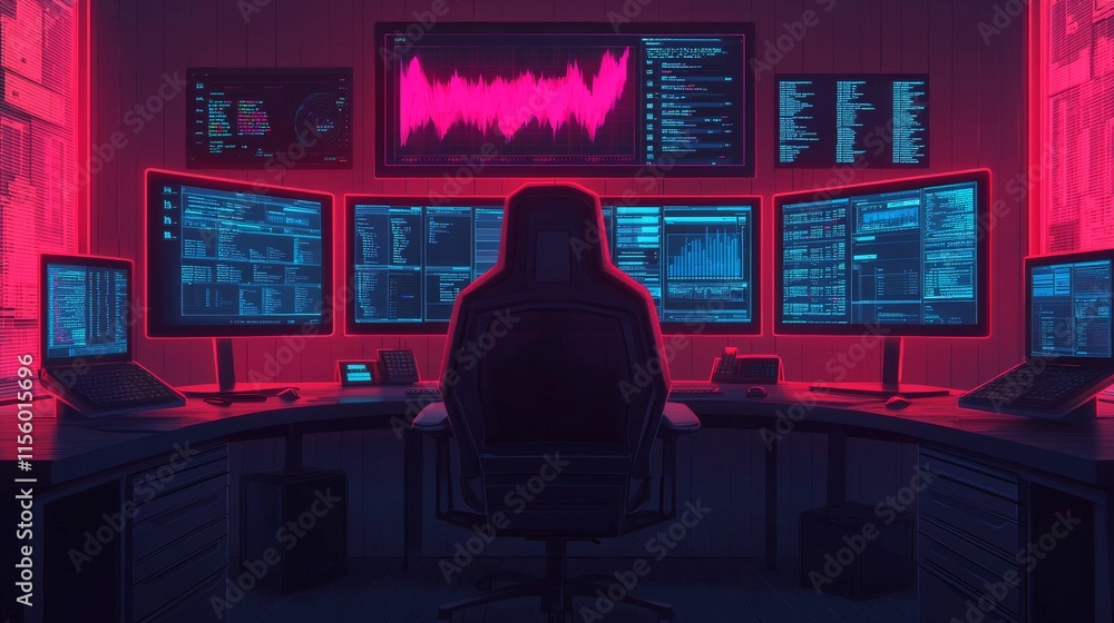 Poster a dark, high-tech control room glows with neon lights and multiple screens displaying data, hinting 