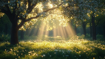 Obraz premium Majestic tree with sun rays shining through at dawn in a tranquil valley