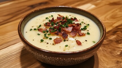 Creamy potato soup topped with crispy bacon and fresh chives on a rustic wooden table