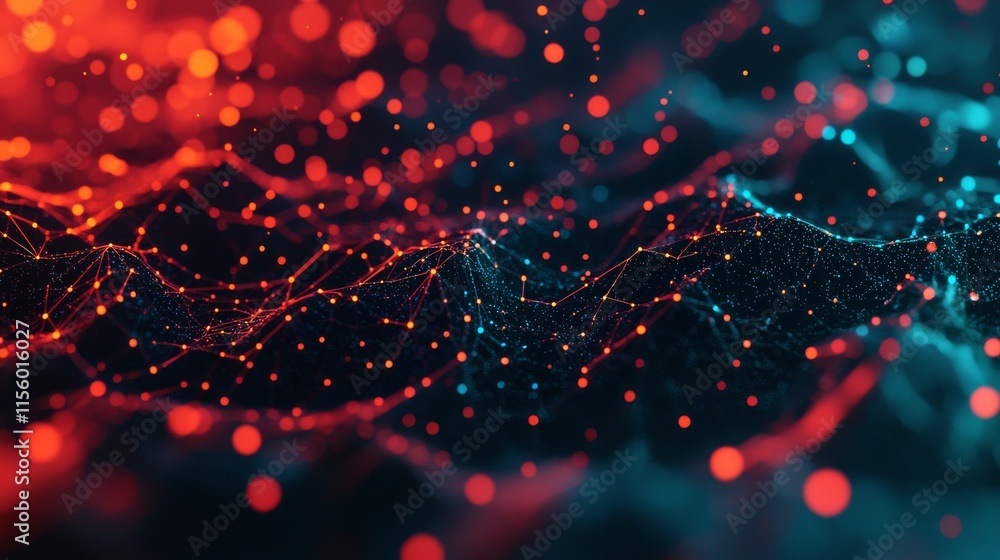 Aufkleber a vibrant abstract digital landscape featuring flowing waves of glowing red and blue particles creat