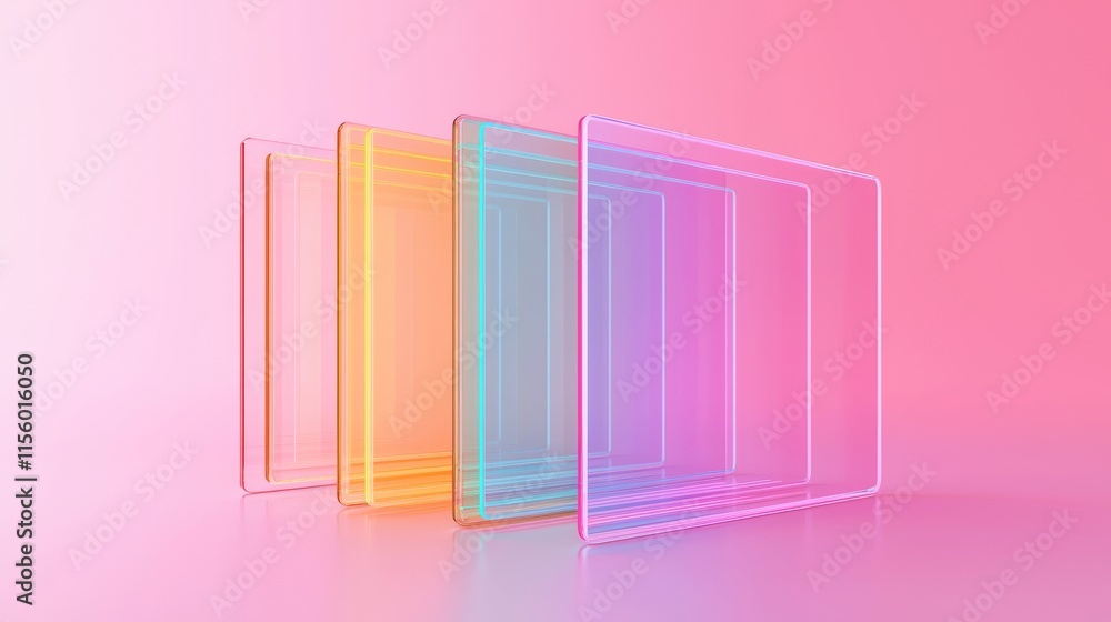 Poster a vibrant display of translucent panels in gradient colors, set against a pink background, creating 