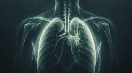 Human anatomical x-ray of lungs and rib cage with spine in high detail