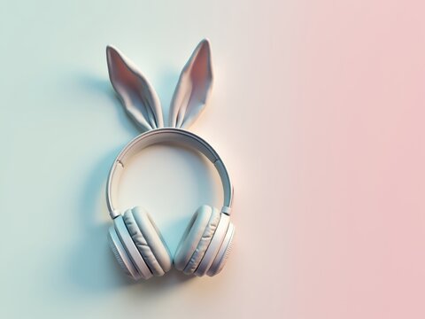 White headphones wearing bunny ears on pastel background for easter music listening