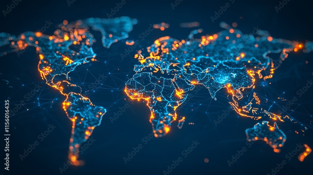 Poster a digital representation of a world map illuminated by vibrant blue and orange lights, symbolizing g