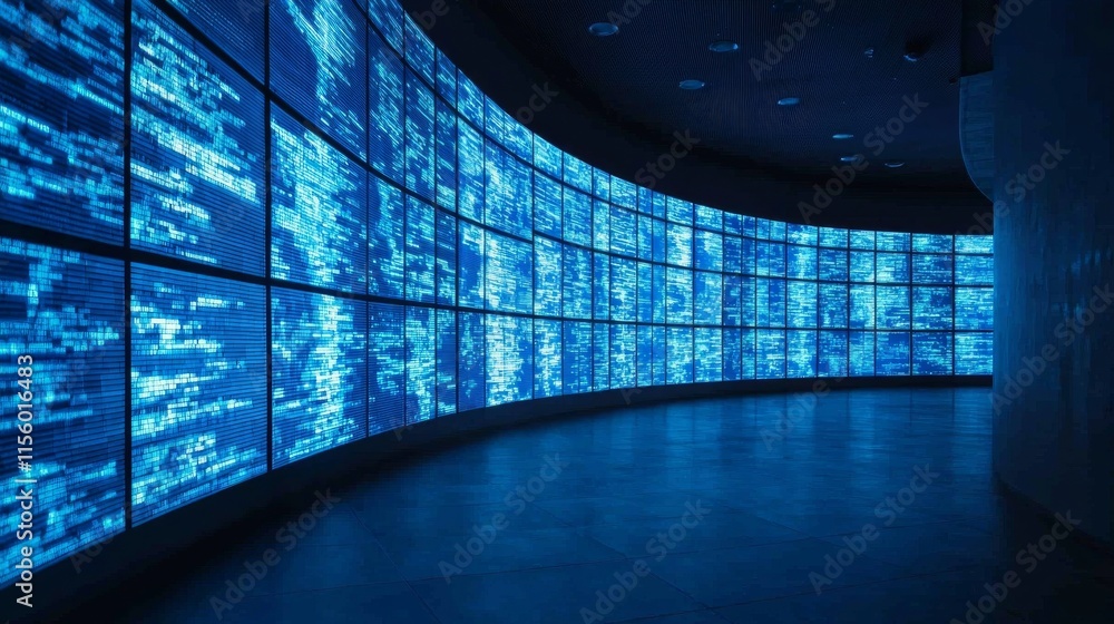Poster a sleek, modern display of blue digital data flowing across multiple screens in a curved arrangement