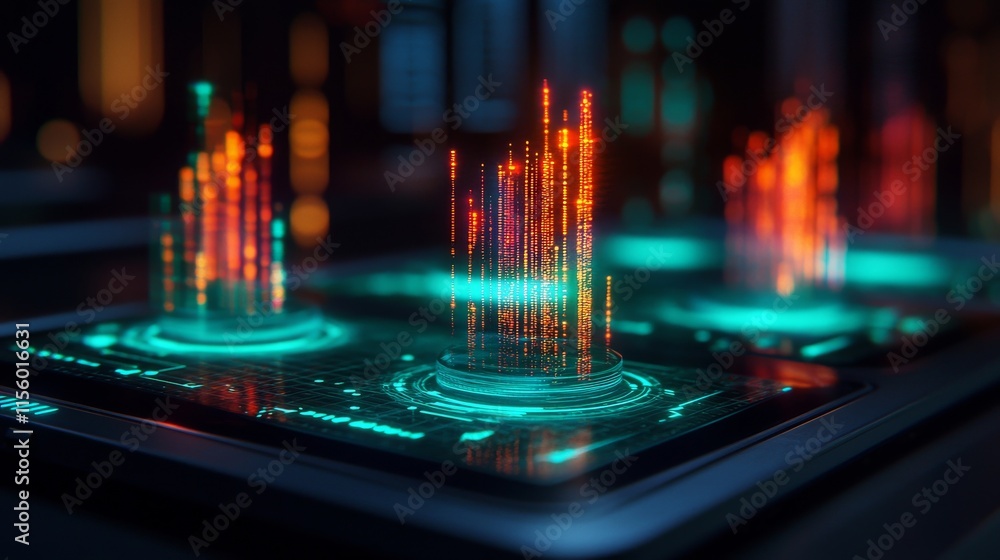 Poster a futuristic digital display with vibrant, colorful data visualizations radiating from circular plat