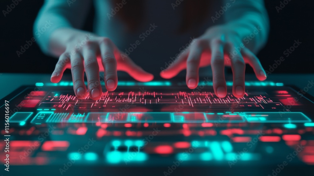 Aufkleber a person interacts with a futuristic touchscreen keyboard, illuminated by vibrant red and blue light