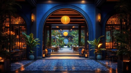 Obraz premium Luxurious blue archway entrance to a tropical courtyard restaurant at night.