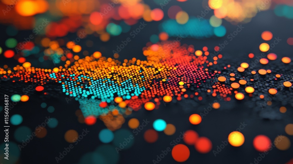 Poster a vibrant, abstract representation of a digital map, showcasing colorful dots that suggest data visu