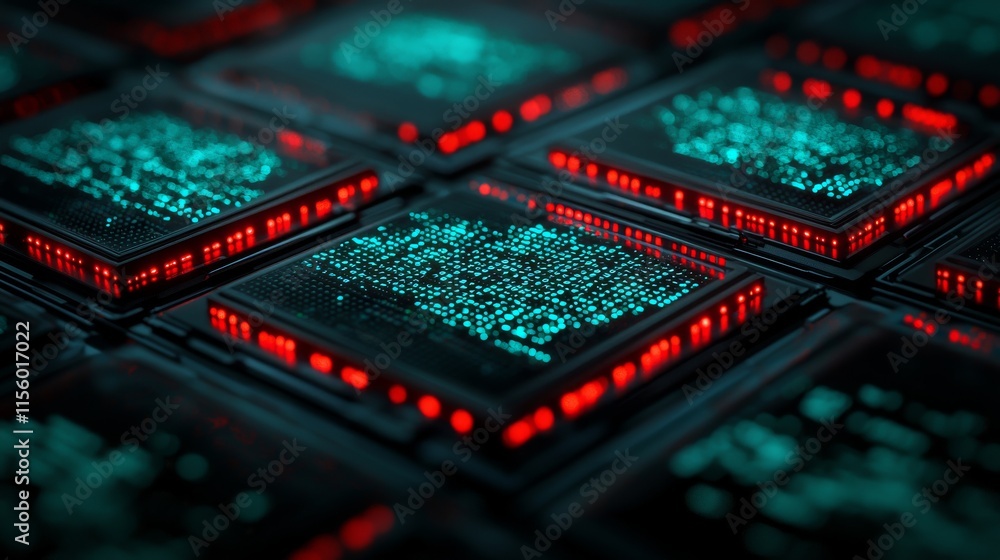 Poster a close-up view of interconnected circuit boards with glowing blue and red lights, showcasing intric
